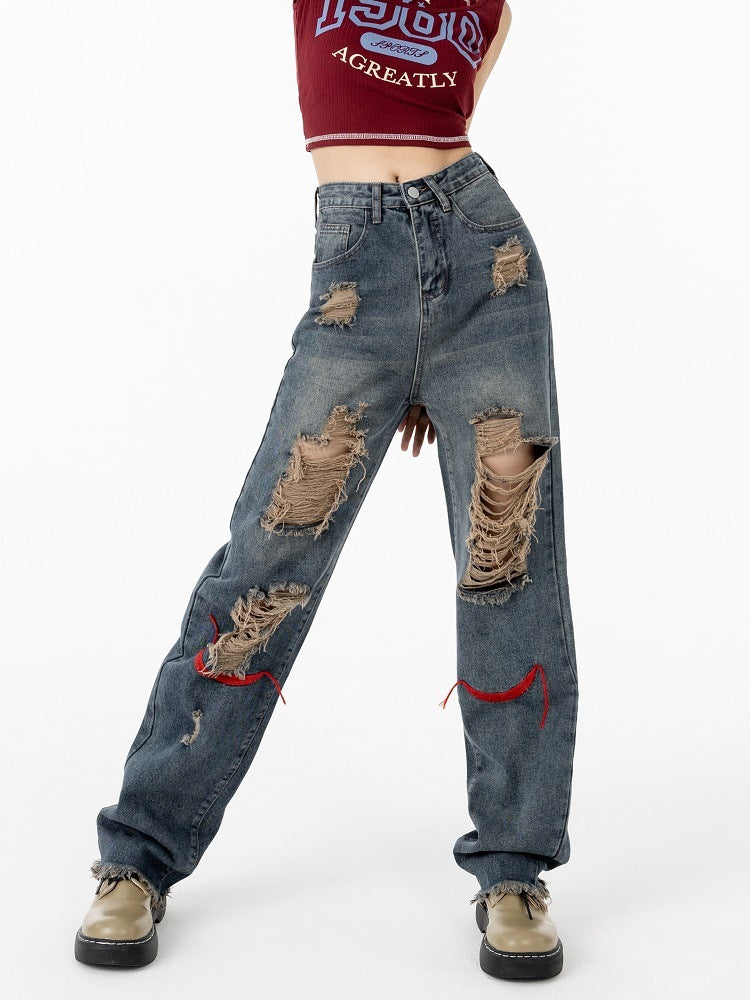 Fashion Casual Women'S Retro High Waist Ripped Jeans