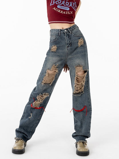 Fashion Casual Women'S Retro High Waist Ripped Jeans