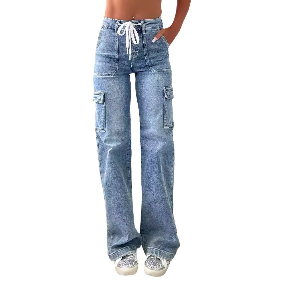 Straight-Leg Women Casual Lace-Up Multi-Pocket Cargo Jeans