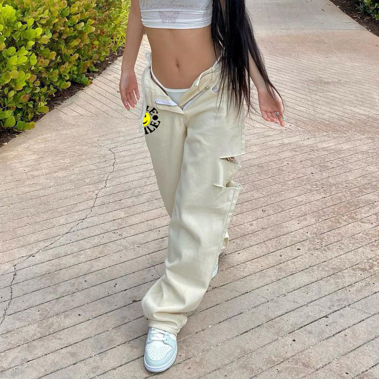 Women Edgy Casual Ripped Letter Printing Wide Leg Jeans