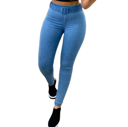 Women Denim Solid Color Zipper Belt Slim High Waist Casual Skinny Jeans