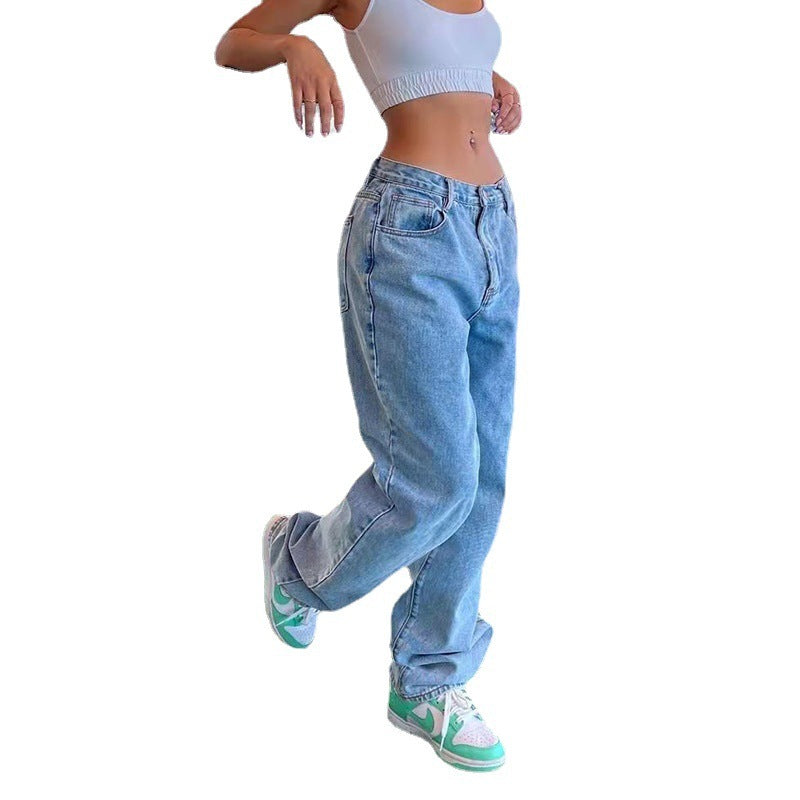 High Waist Straight Pants Washed Cotton Denim Women Casual Low Waist Jeans