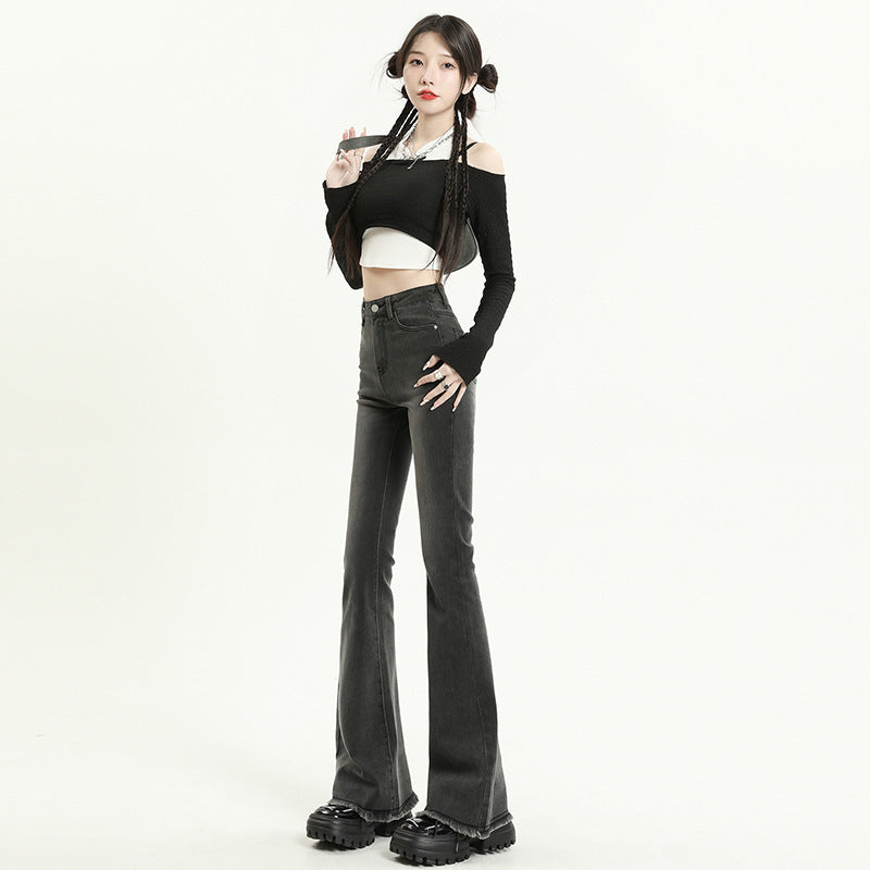 Women Fashion Casual Solid Color Raw Hem Denim Flared Jeans