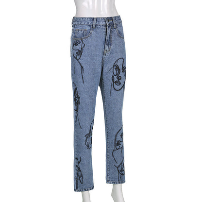 Women Fashion Casual Face Embroidered Straight Jeans