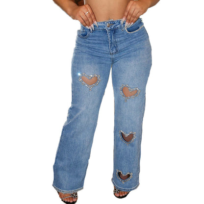 Women Fashion Casual Hollow Rhinestone Jeans