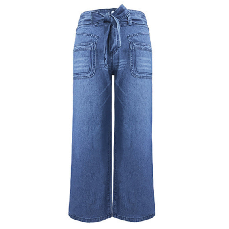 Plus Size Women Casual Lace-Up Washed Denim Wide-Leg Pants Jeans