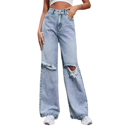 Women Fashion Casual High Waist Wide Leg Ripped Jeans