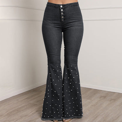 Women Fashion Casual High Waist Pearl Flared Jeans