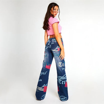 Women Fashion Casual Letter Printing Straight Jeans