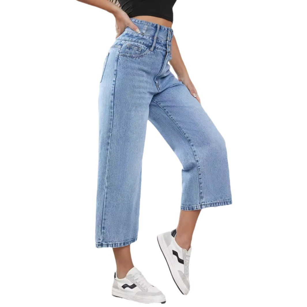 Women Fashion Casual High Waist Straight Jeans