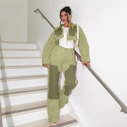 Women Fashion Casual Color Block High Waist Loose Jeans
