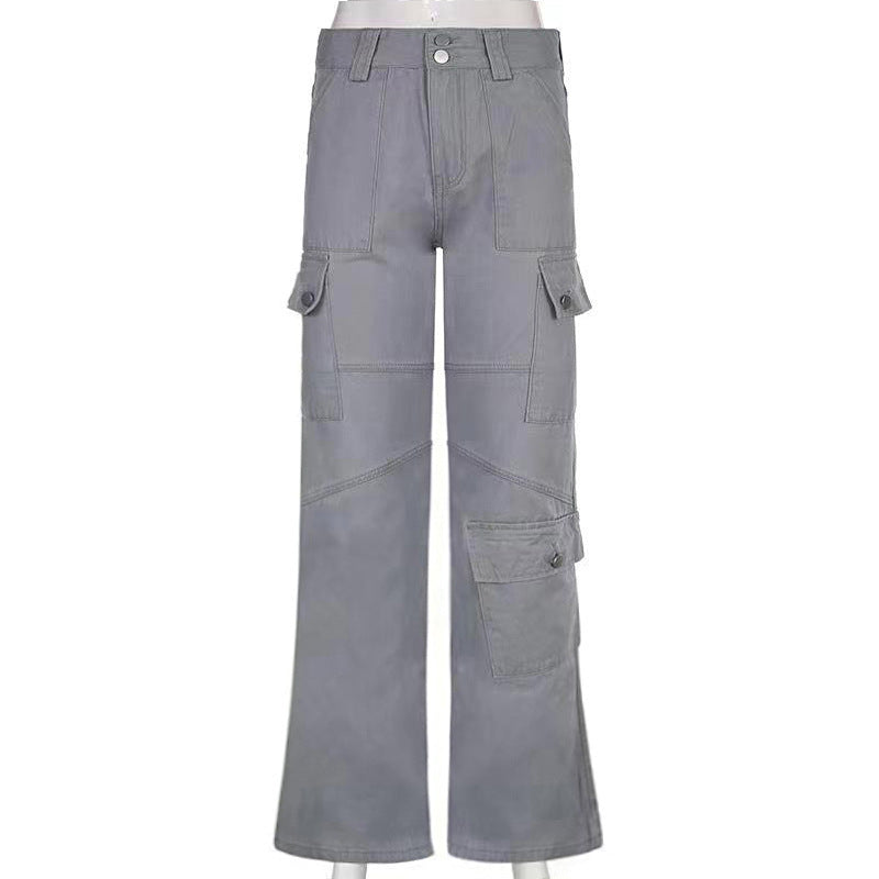 Women Denim Solid Color High Waist Pocket Loose Casual Fashion Jeans Cargo Pants