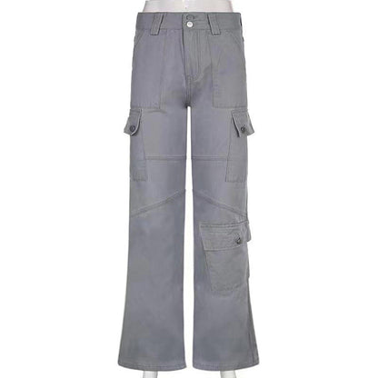 Women Denim Solid Color High Waist Pocket Loose Casual Fashion Jeans Cargo Pants