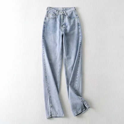 Women Fashion Casual Solid Color Front Split Defined Waist Denim Jeans