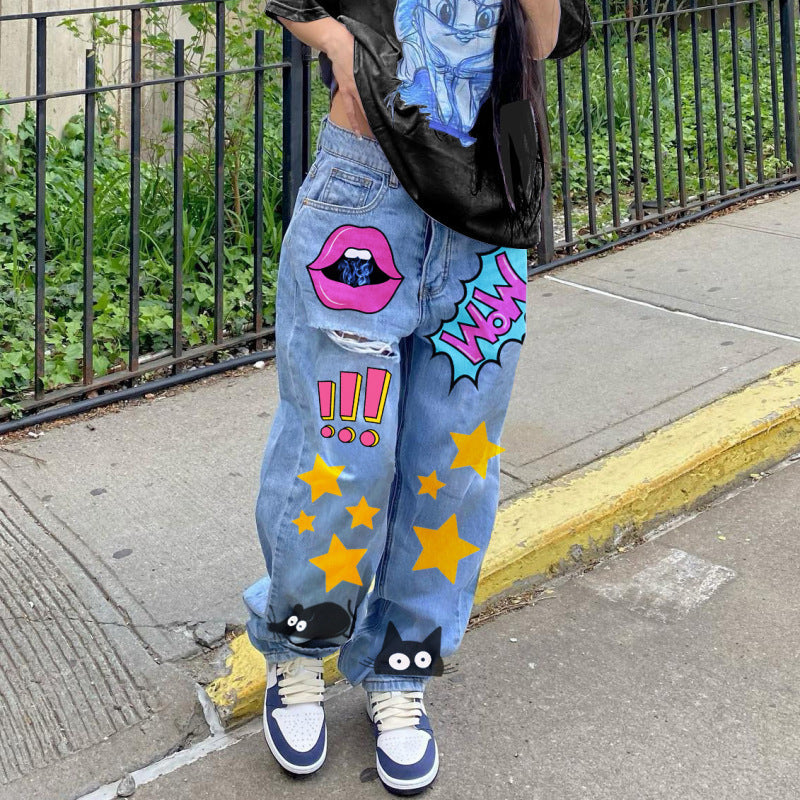 Women'S Fashion Casual Cartoon Printing Loose Denim Pants Wide-Leg Straight Jeans