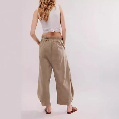 Women Fashion Casual Loose Solid Color Elastic Waisted Jeans