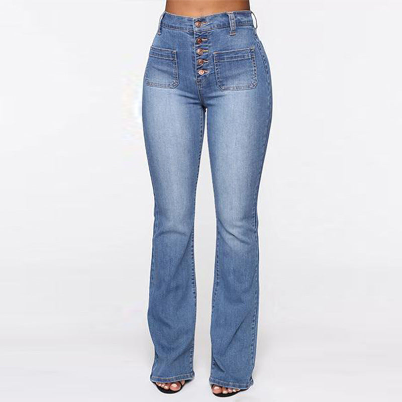 Women Fashion Casual High Waist Pocket Straight Jeans