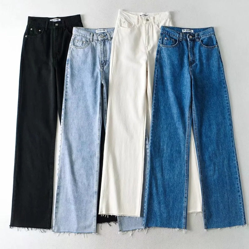 Women Casual Edgy Raw Hem Solid Color High Waist Loose Straight Jeans