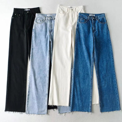Women Casual Edgy Raw Hem Solid Color High Waist Loose Straight Jeans