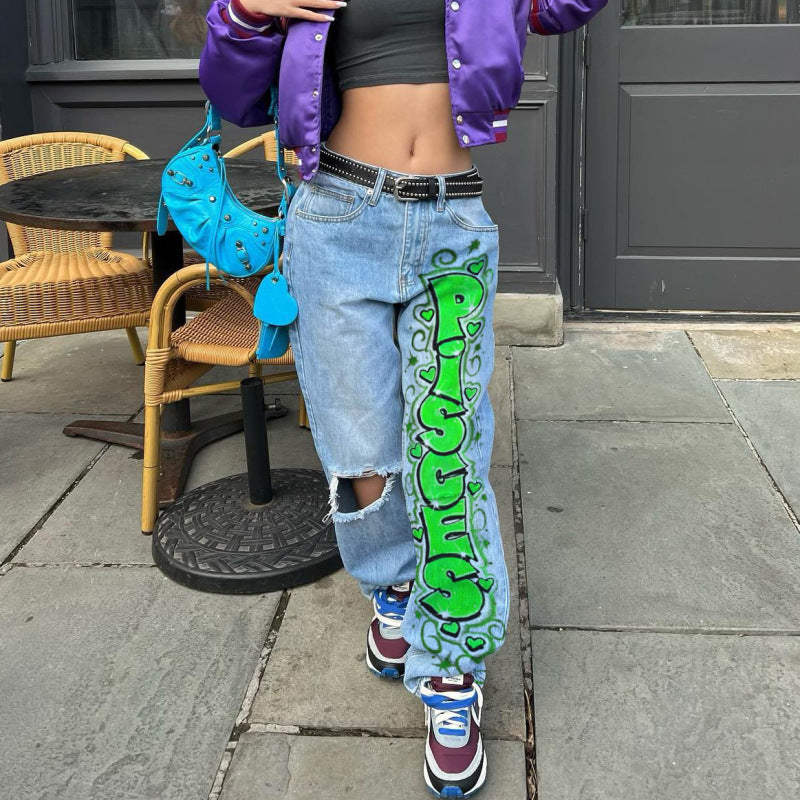 Women Edgy Casual Ripped Letter Printing Wide Leg Jeans