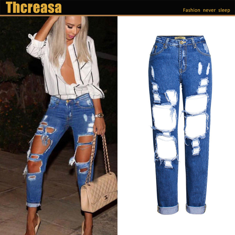 Women Fashion Casual Ripped Denim Straight Cropped Pants Jeans