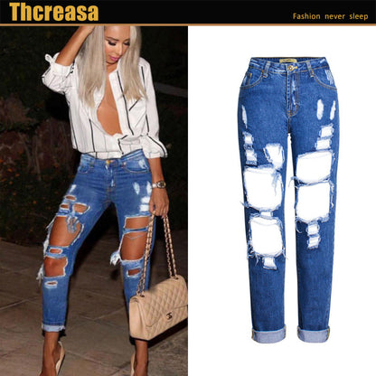Women Fashion Casual Ripped Denim Straight Cropped Pants Jeans