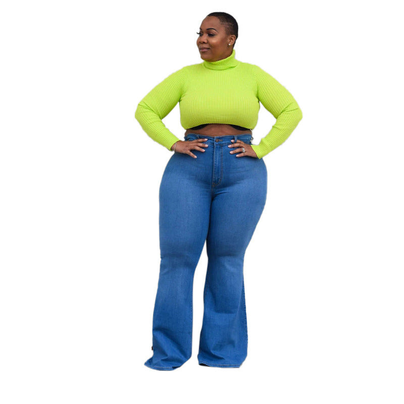 Women Casual Solid Color Plus Size Wide-Leg Jeans