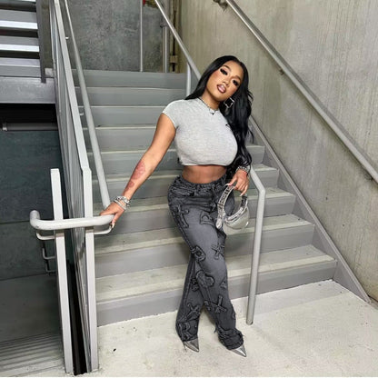 Women Fashion Casual Letter Straight Jeans