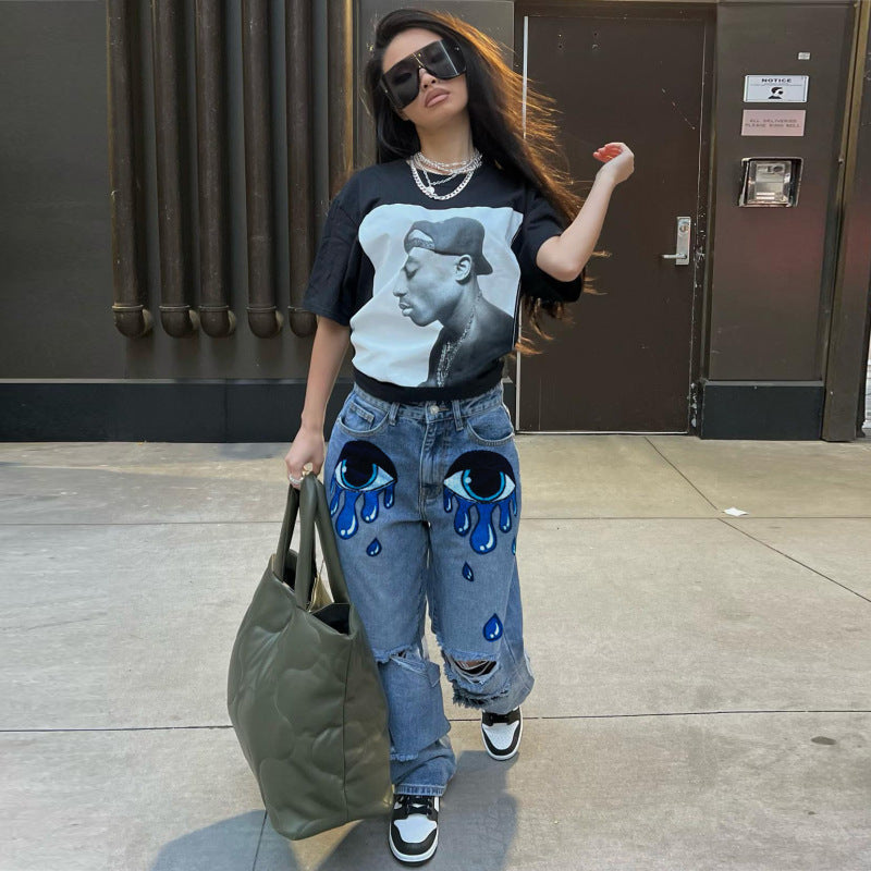 Women Edgy Casual Ripped Eyes Printing Wide Leg Jeans