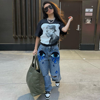 Women Edgy Casual Ripped Eyes Printing Wide Leg Jeans