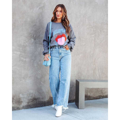 Women Fashion Casual Fringe Straight Jeans
