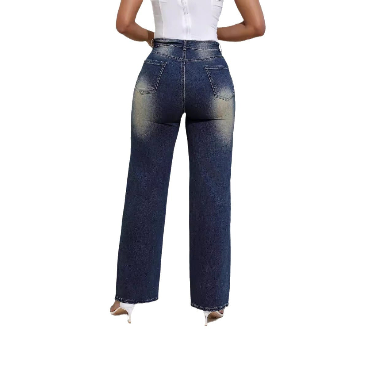 Women Fashion Casual High Waist Ripped Jeans