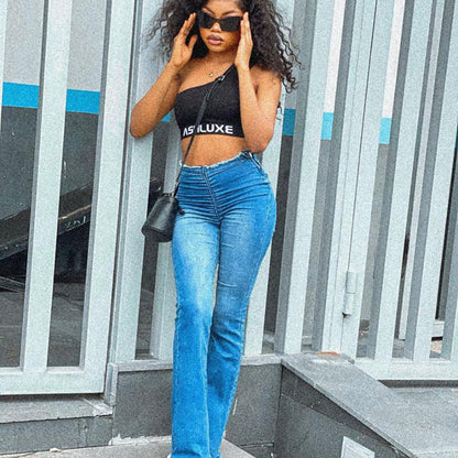 Women Fashion Casual High Waist Stretch Straight Jeans