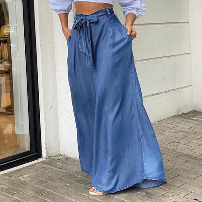 Women Elegant Lace-Up High Waist Wide Leg Pants Casual Plus Size Denim Pants Jeans