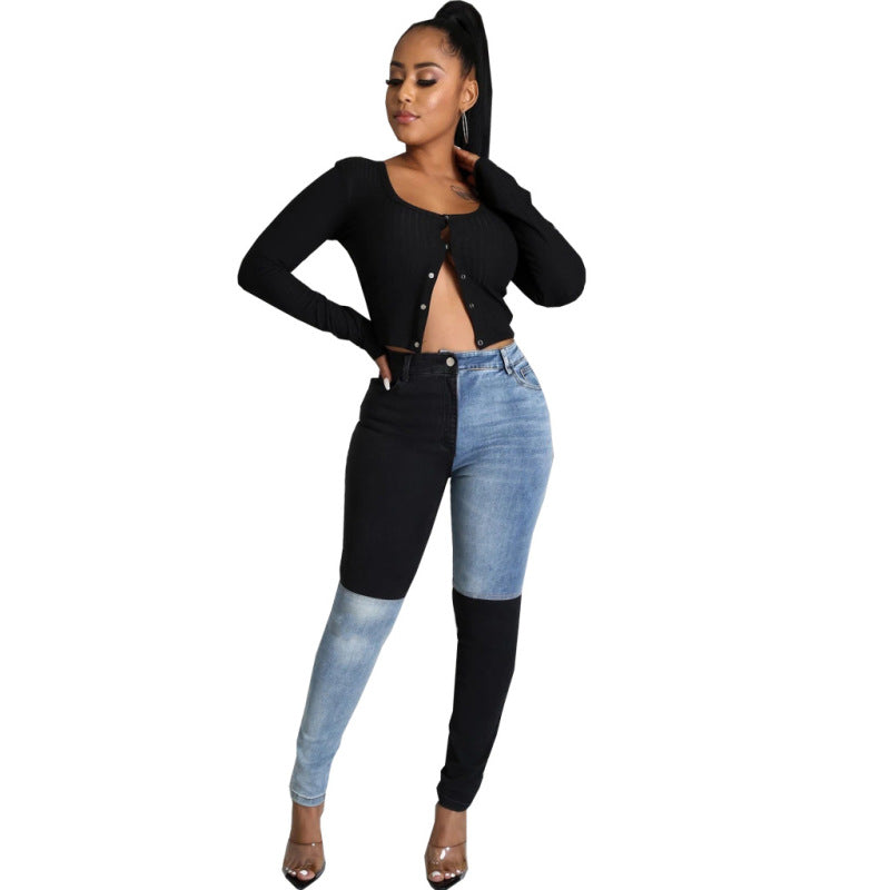 Women Casual Color Blocking Patchwork Skinny Jeans