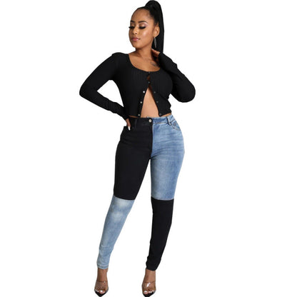 Women Casual Color Blocking Patchwork Skinny Jeans