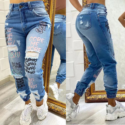 Women'S Fashion Casual Letter Printing Ripped Jeans