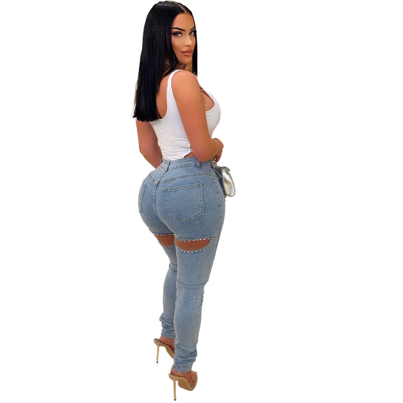 Women Fashion Casual Ripped Pearl Embellished Skinny Jeans
