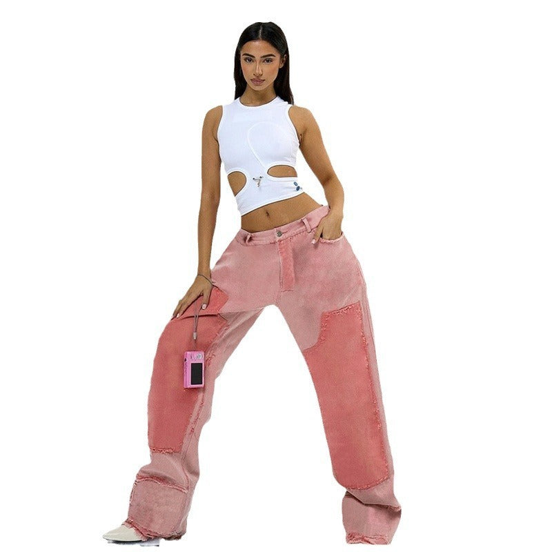 Women Fashion Casual Color Block High Waist Loose Jeans