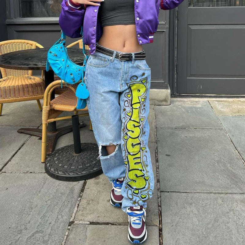 Women Edgy Casual Ripped Letter Printing Wide Leg Jeans
