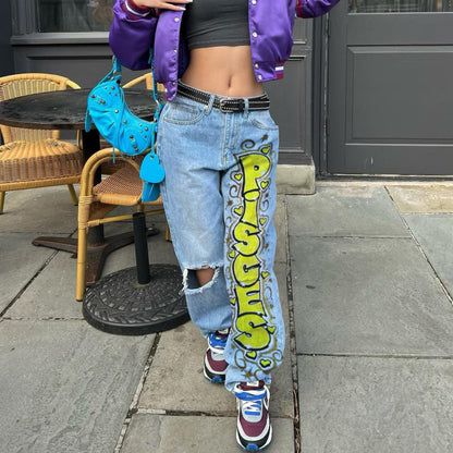 Women Edgy Casual Ripped Letter Printing Wide Leg Jeans