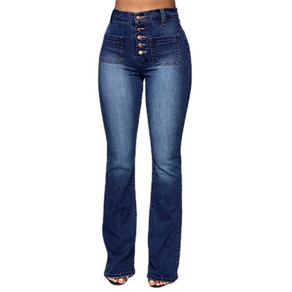 Women Fashion Casual High Waist Pocket Straight Jeans