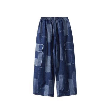 Women Loose Casual Stitching Patch Wide-Leg Multi-Pocket Jeans Cargo Pants