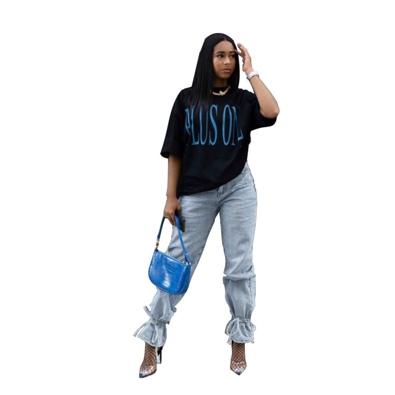 Women Casual Solid Color Ruffled Bandage Jeans