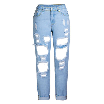 Women Fashion Casual Ripped Denim Straight Cropped Pants Jeans