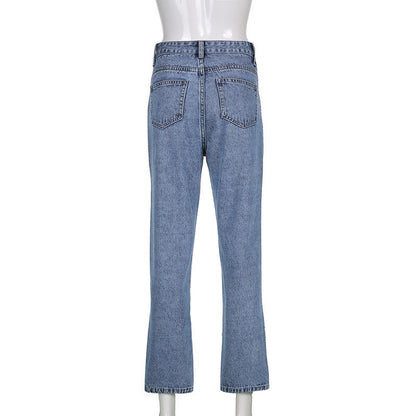 Women Fashion Casual Face Embroidered Straight Jeans