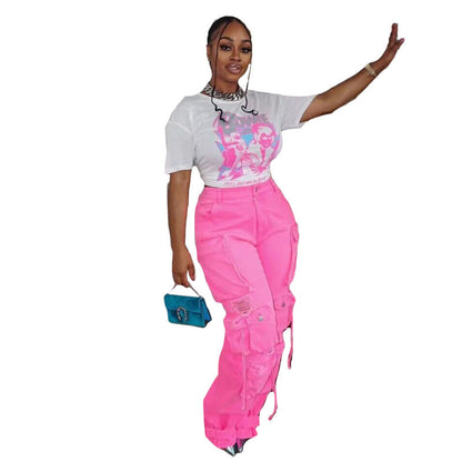 Women Fashion Multi-Pocket Casual Wide-leg Cargo Jeans