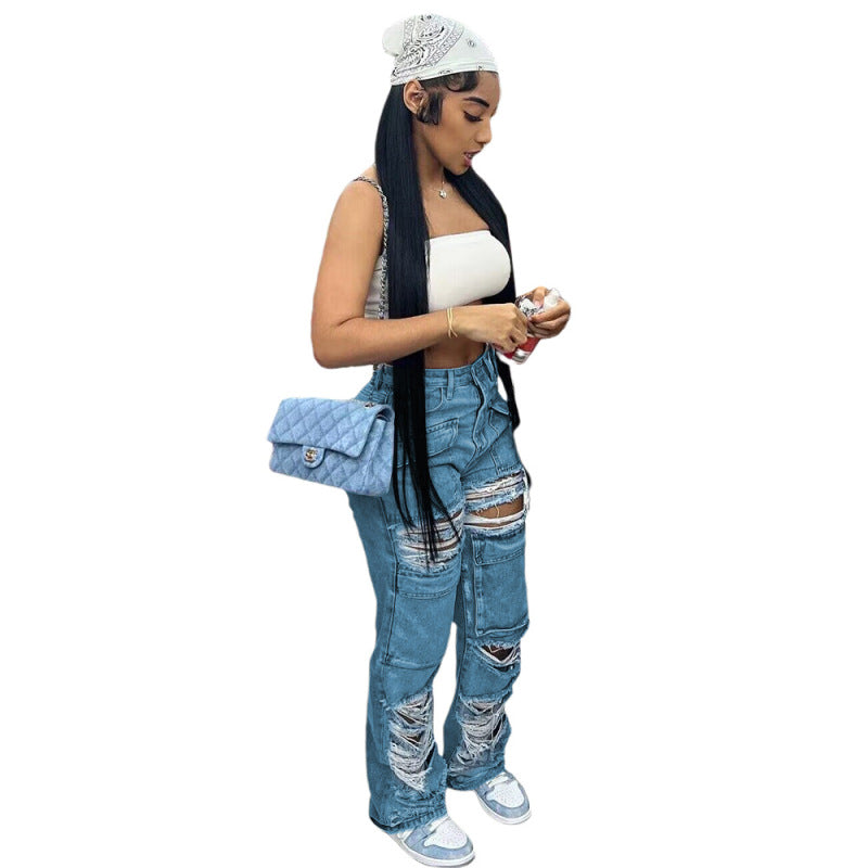 Women Casual Ripped Denim Pant Straight Jeans