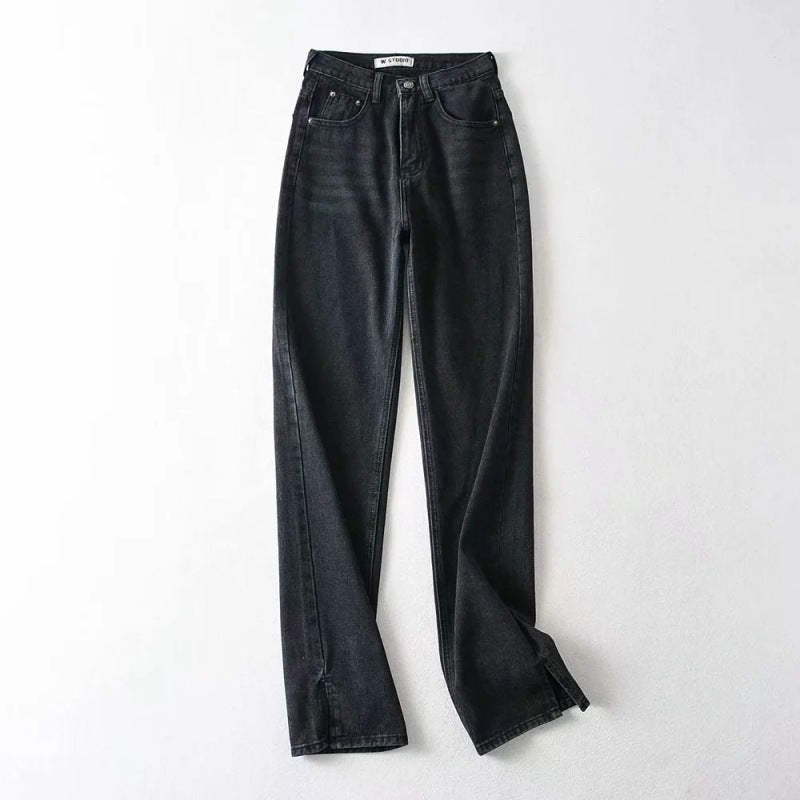 Women Fashion Casual Solid Color Front Split Defined Waist Denim Jeans