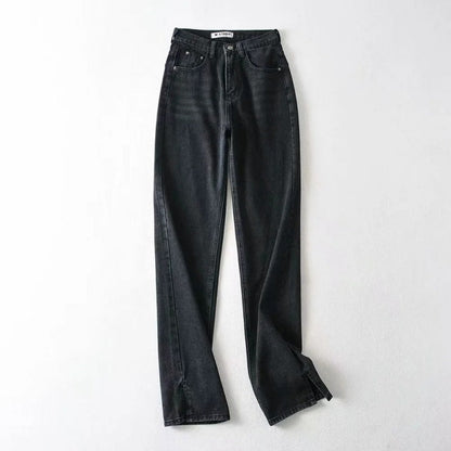 Women Fashion Casual Solid Color Front Split Defined Waist Denim Jeans